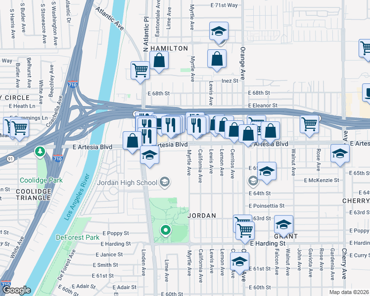 map of restaurants, bars, coffee shops, grocery stores, and more near 906 East Artesia Boulevard in Long Beach