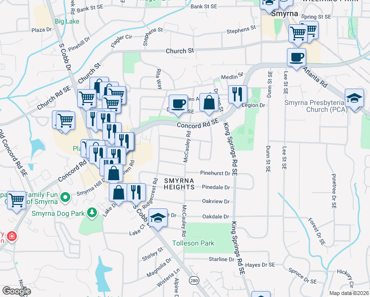 map of restaurants, bars, coffee shops, grocery stores, and more near 1049 Manor Drive in Smyrna