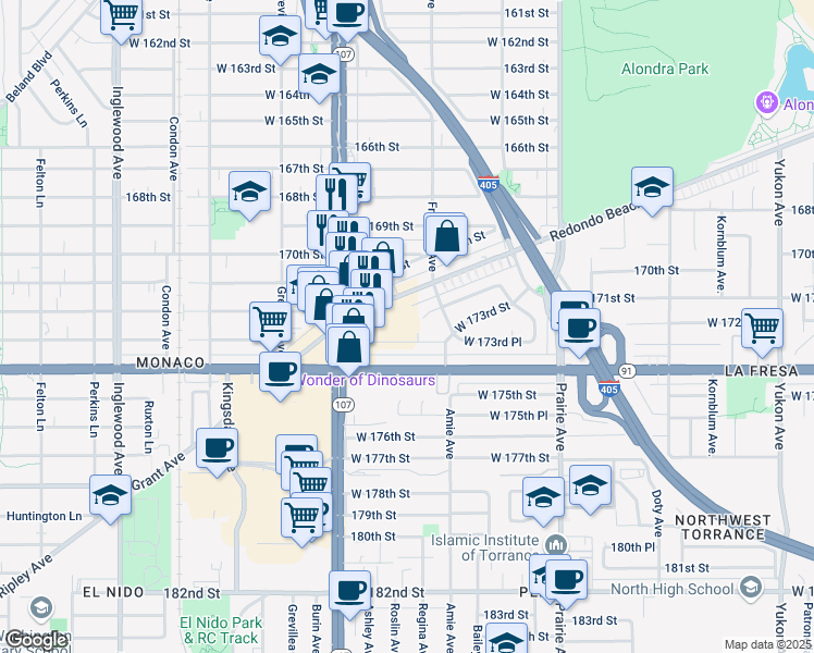 map of restaurants, bars, coffee shops, grocery stores, and more near 4230 Redondo Beach Boulevard in Torrance