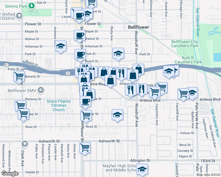 map of restaurants, bars, coffee shops, grocery stores, and more near 10009 Artesia Boulevard in Bellflower