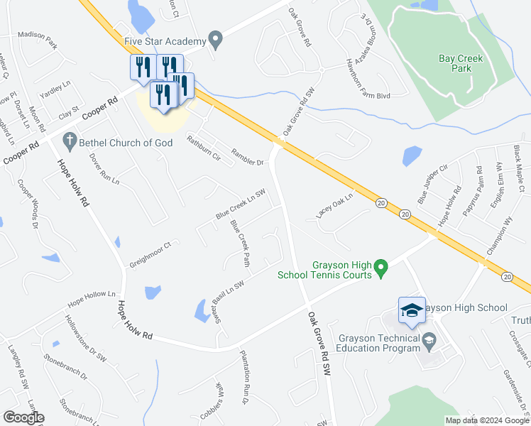 map of restaurants, bars, coffee shops, grocery stores, and more near 215-399 Wild Barley Way in Loganville