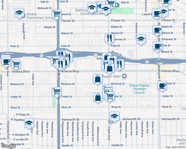 map of restaurants, bars, coffee shops, grocery stores, and more near 9230 Artesia Boulevard in Bellflower
