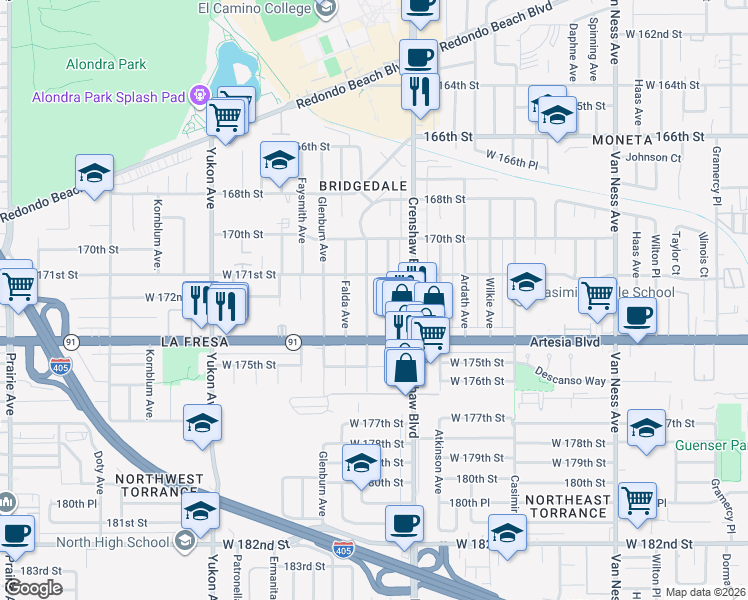 map of restaurants, bars, coffee shops, grocery stores, and more near 17214 Elgar Avenue in Torrance
