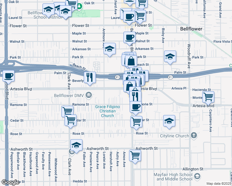 map of restaurants, bars, coffee shops, grocery stores, and more near 9626 Artesia Boulevard in Bellflower