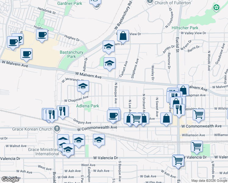 map of restaurants, bars, coffee shops, grocery stores, and more near 409 North Basque Avenue in Fullerton
