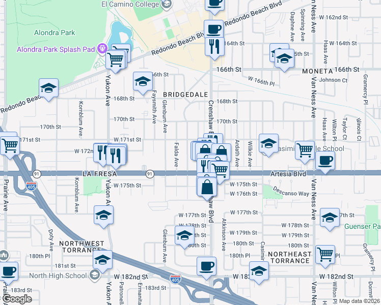 map of restaurants, bars, coffee shops, grocery stores, and more near 17214 Elgar Avenue in Torrance