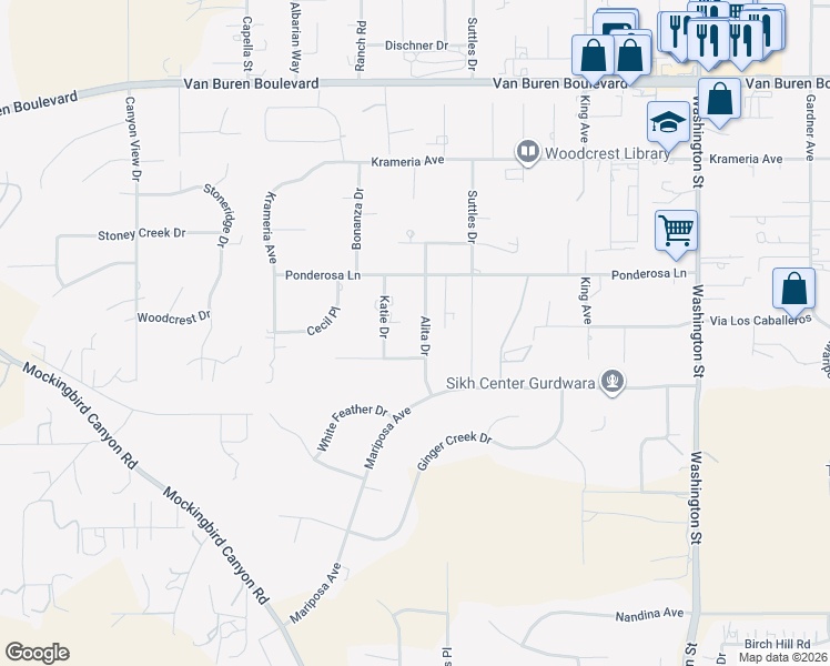 map of restaurants, bars, coffee shops, grocery stores, and more near 16874 Alita Drive in Riverside