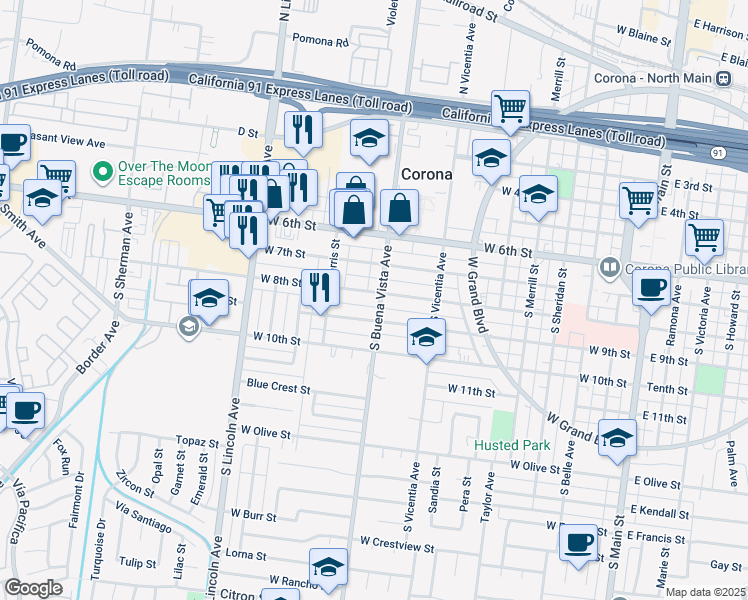 map of restaurants, bars, coffee shops, grocery stores, and more near 924 West 8th Street in Corona