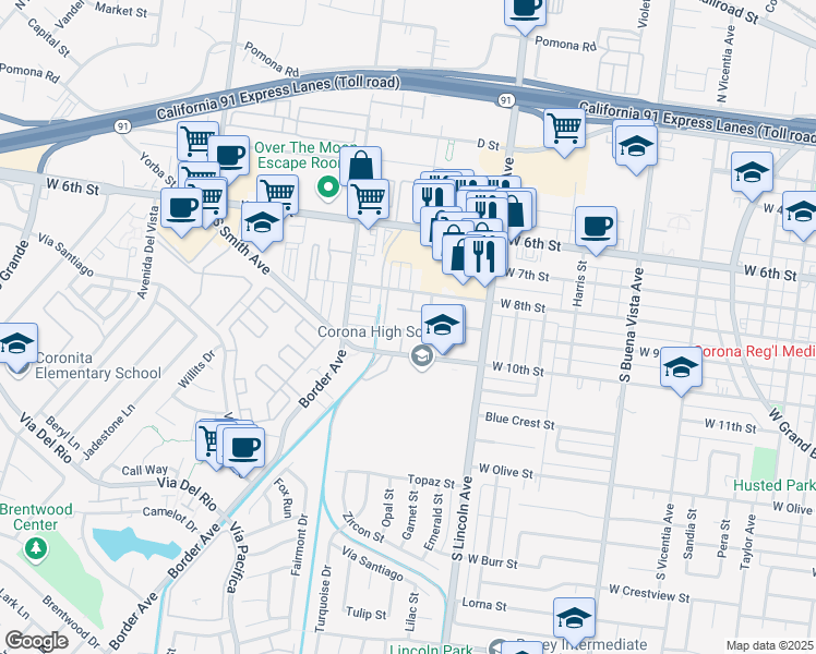 map of restaurants, bars, coffee shops, grocery stores, and more near 910 South Grant Avenue in Corona