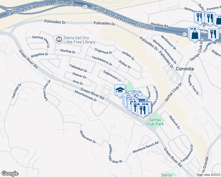 map of restaurants, bars, coffee shops, grocery stores, and more near 3140 Castelar Court in Corona