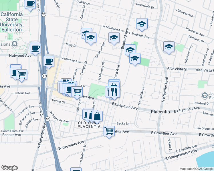 map of restaurants, bars, coffee shops, grocery stores, and more near 140 Wilson Avenue in Placentia
