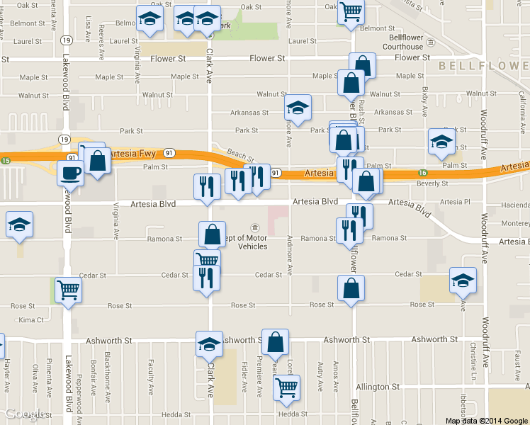 map of restaurants, bars, coffee shops, grocery stores, and more near 9530 Artesia Boulevard in Bellflower