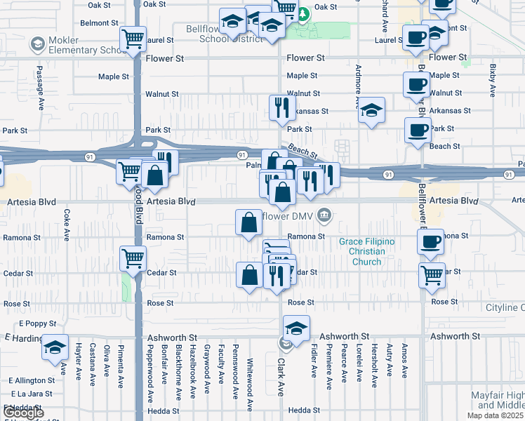 map of restaurants, bars, coffee shops, grocery stores, and more near 9316 Artesia Boulevard in Bellflower