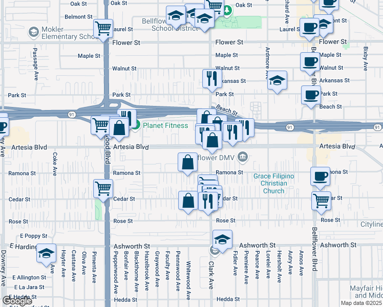 map of restaurants, bars, coffee shops, grocery stores, and more near 9316 Artesia Boulevard in Bellflower