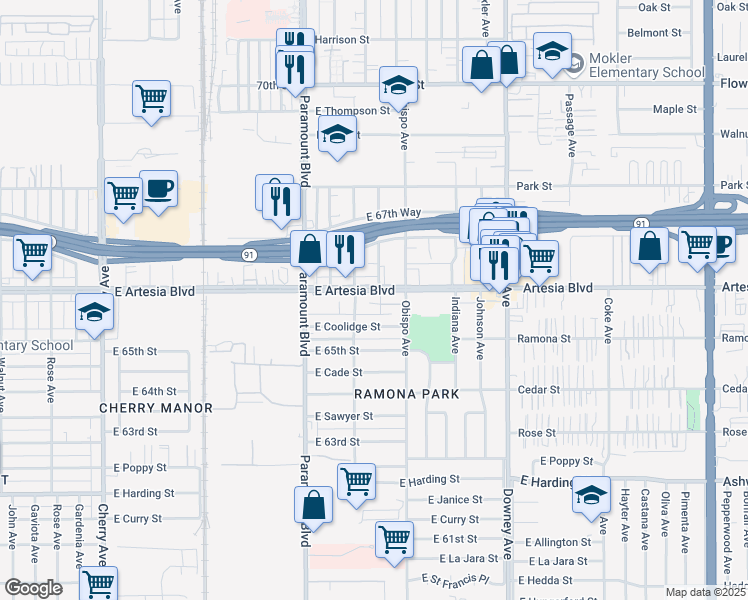 map of restaurants, bars, coffee shops, grocery stores, and more near 3100 East Artesia Boulevard in Long Beach