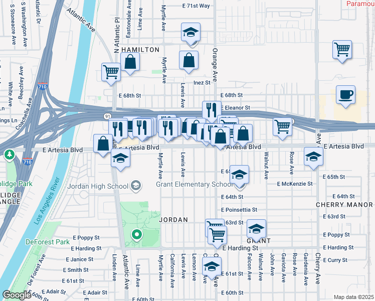 map of restaurants, bars, coffee shops, grocery stores, and more near 1001 East Artesia Boulevard in Long Beach
