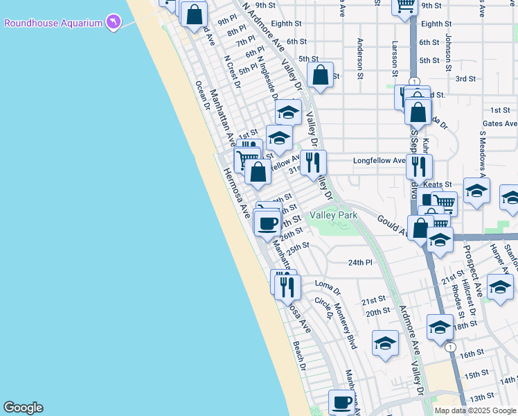 map of restaurants, bars, coffee shops, grocery stores, and more near 14 30th Place in Hermosa Beach