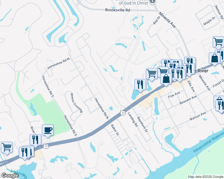 map of restaurants, bars, coffee shops, grocery stores, and more near 4195A Mica Avenue in Little River