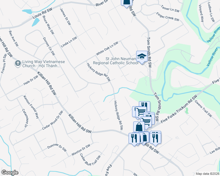 map of restaurants, bars, coffee shops, grocery stores, and more near 765 Hickory Ridge Road Southwest in Lilburn