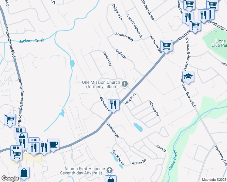 map of restaurants, bars, coffee shops, grocery stores, and more near 255 Triple Oaks Drive in Tucker