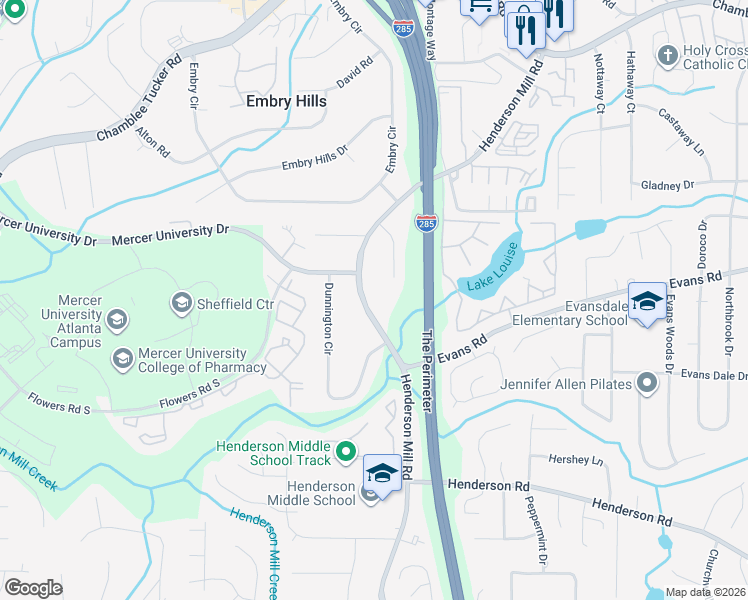 map of restaurants, bars, coffee shops, grocery stores, and more near 3027 Henderson Mill Road in Chamblee