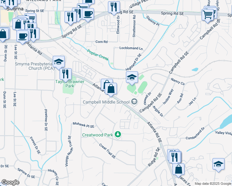 map of restaurants, bars, coffee shops, grocery stores, and more near 1507 Paces Ferry North Southeast in Smyrna