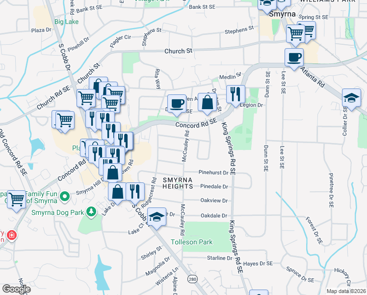 map of restaurants, bars, coffee shops, grocery stores, and more near 1049 Manor Drive in Smyrna