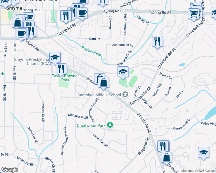 map of restaurants, bars, coffee shops, grocery stores, and more near 1507 Paces Ferry North Drive Southeast in Smyrna