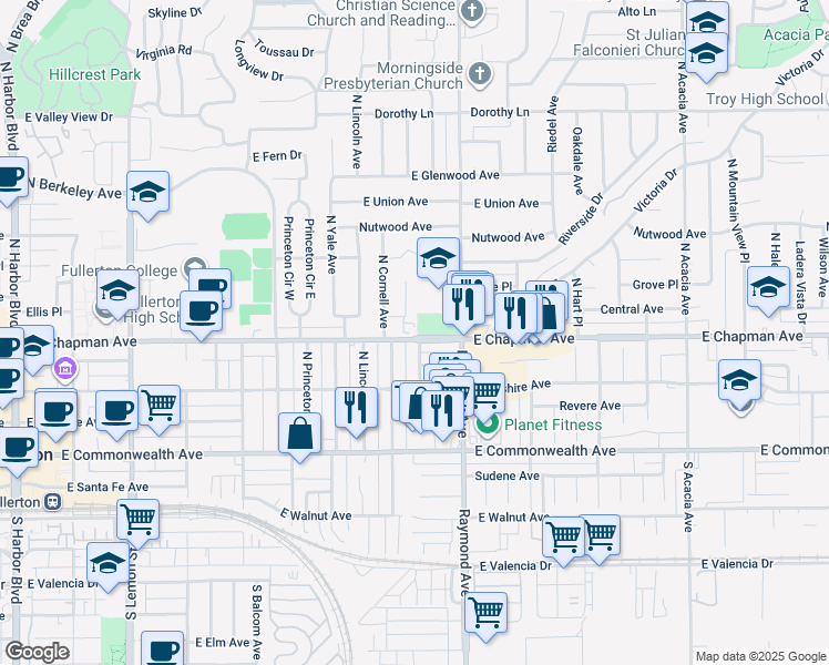 map of restaurants, bars, coffee shops, grocery stores, and more near 1015 East Chapman Avenue in Fullerton