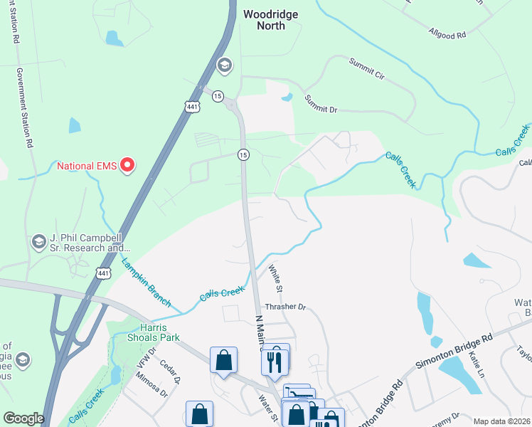 map of restaurants, bars, coffee shops, grocery stores, and more near 168 North Main Street in Watkinsville