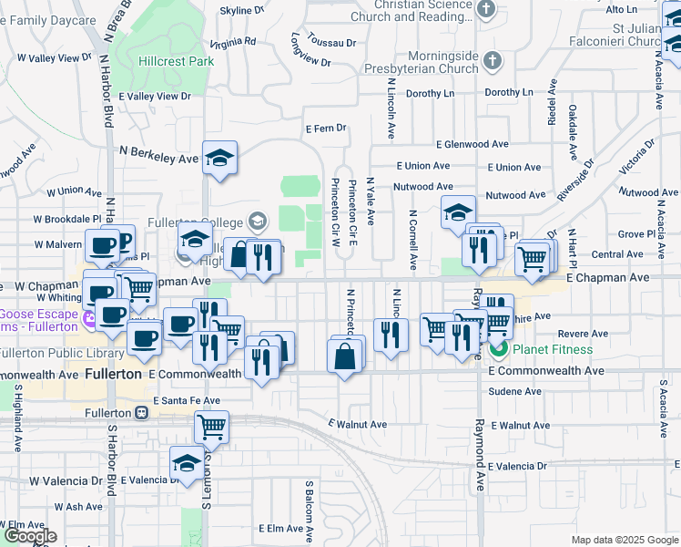 map of restaurants, bars, coffee shops, grocery stores, and more near 501 Princeton Circle West in Fullerton