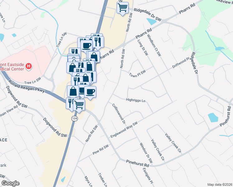 map of restaurants, bars, coffee shops, grocery stores, and more near 1934 North Road Southwest in Snellville