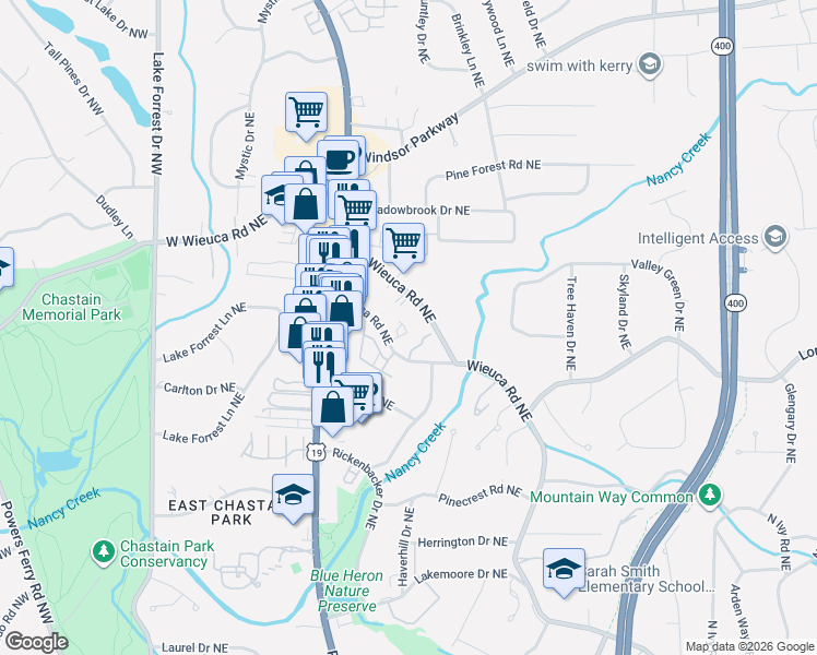 map of restaurants, bars, coffee shops, grocery stores, and more near 4575 West Wieuca Road Northeast in Atlanta