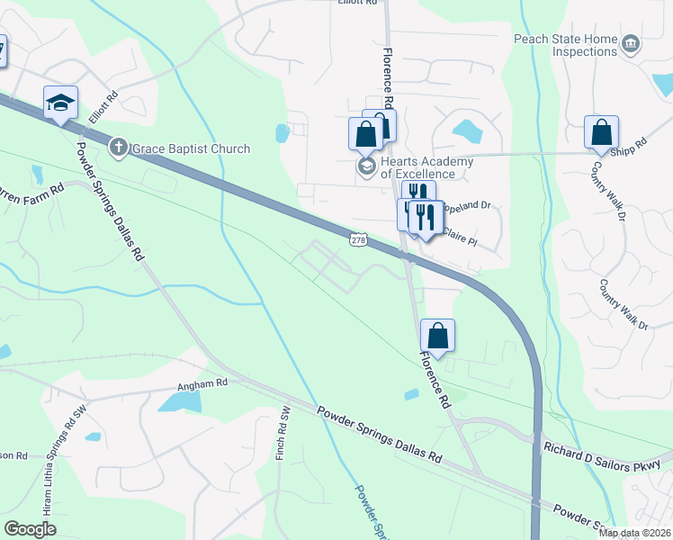 map of restaurants, bars, coffee shops, grocery stores, and more near 5191 Carrington Park Drive in Powder Springs