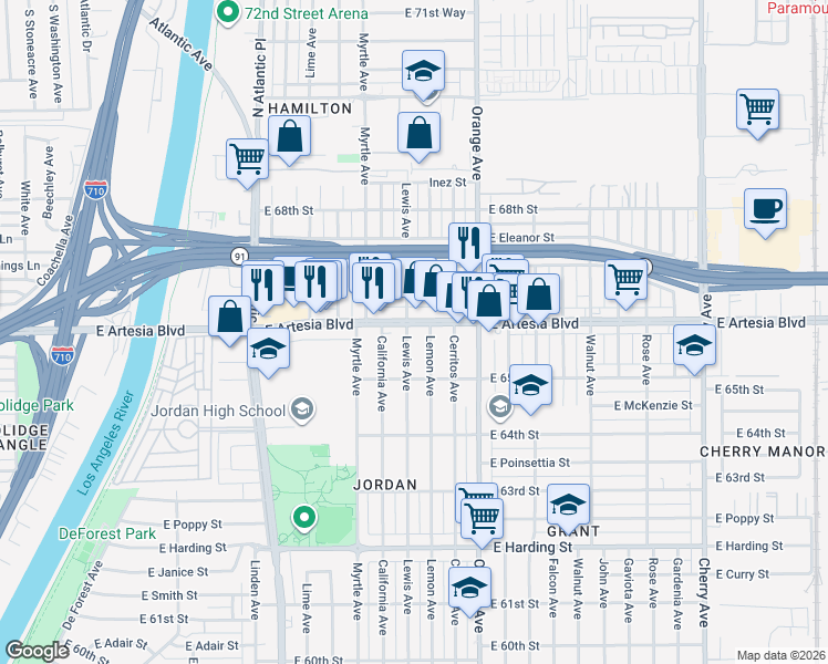 map of restaurants, bars, coffee shops, grocery stores, and more near 1054 East Artesia Boulevard in Long Beach