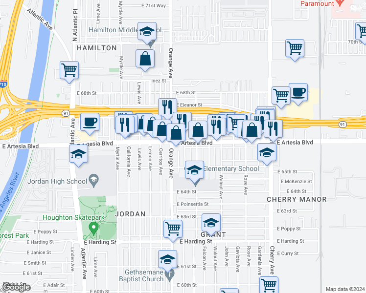 map of restaurants, bars, coffee shops, grocery stores, and more near 6595 Brayton Avenue in Long Beach