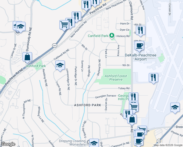 map of restaurants, bars, coffee shops, grocery stores, and more near 2949 Ringle Road in Chamblee