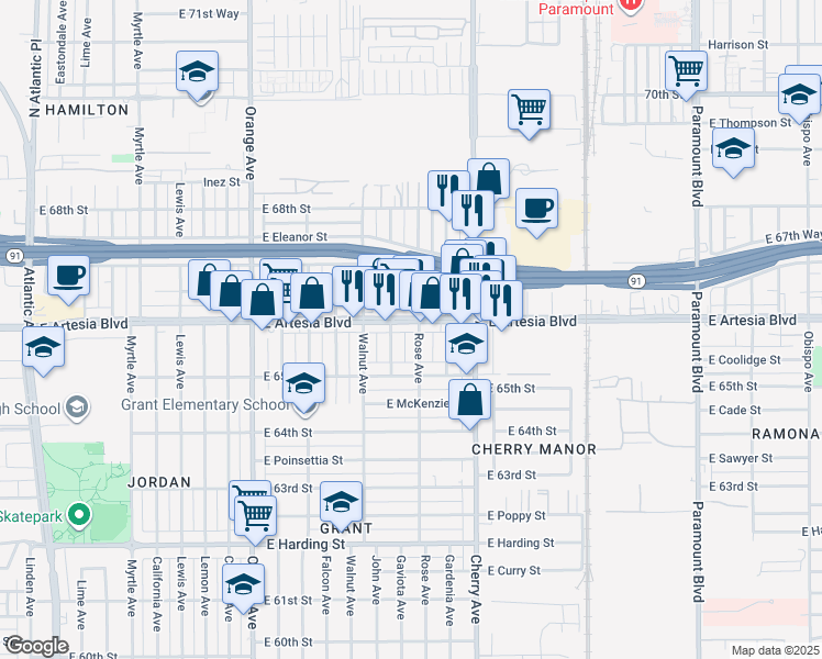 map of restaurants, bars, coffee shops, grocery stores, and more near 1713 East Artesia Boulevard in Long Beach