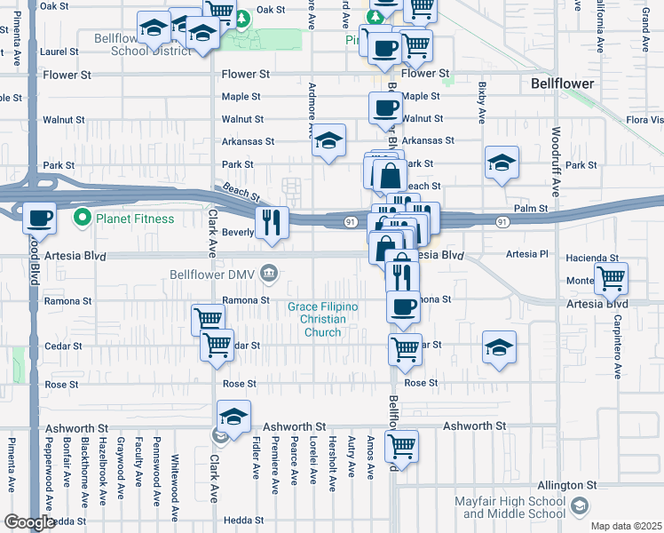 map of restaurants, bars, coffee shops, grocery stores, and more near 9626 Artesia Boulevard in Bellflower