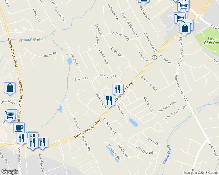 map of restaurants, bars, coffee shops, grocery stores, and more near 255 Triple Oaks Drive in Tucker