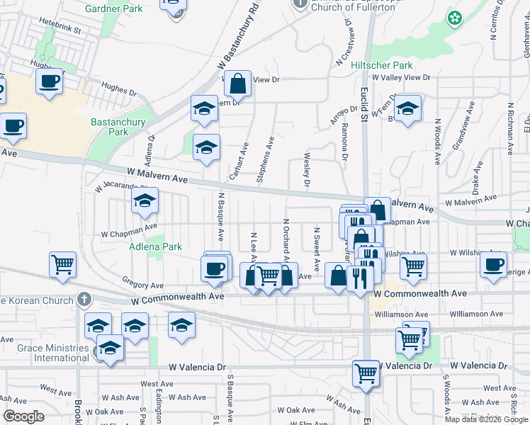map of restaurants, bars, coffee shops, grocery stores, and more near 409 Michael Avenue in Fullerton