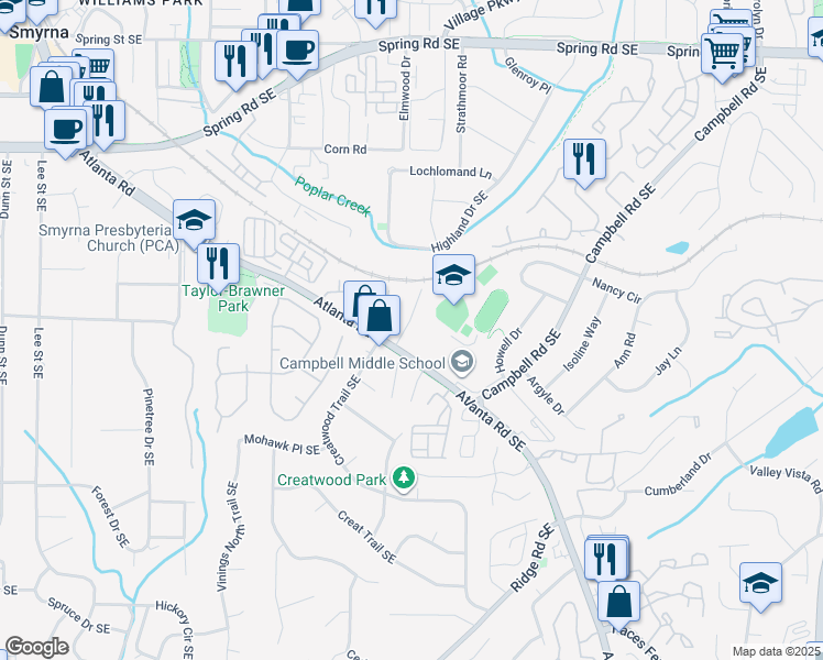 map of restaurants, bars, coffee shops, grocery stores, and more near 1530 Paces Ferry North Drive Southeast in Smyrna