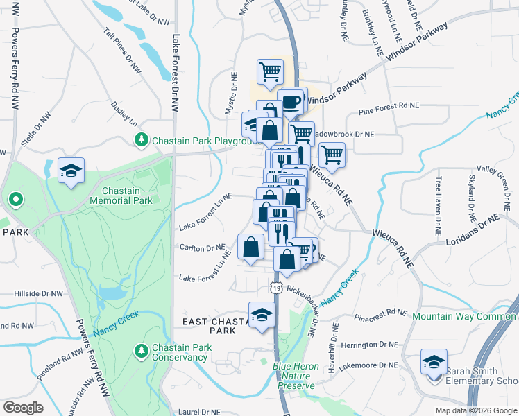 map of restaurants, bars, coffee shops, grocery stores, and more near 176 Lake Forrest Lane Northeast in Atlanta