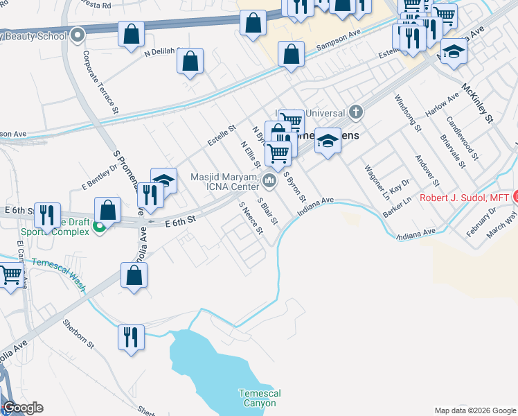 map of restaurants, bars, coffee shops, grocery stores, and more near 3742 North Blair Street in Corona