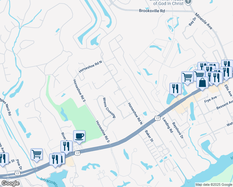 map of restaurants, bars, coffee shops, grocery stores, and more near 4150 Horseshoe Road South in Little River