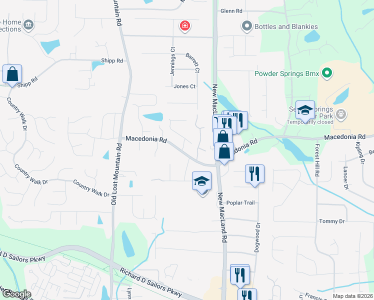 map of restaurants, bars, coffee shops, grocery stores, and more near 4290 Macedonia Road in Powder Springs