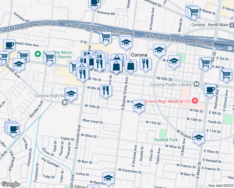 map of restaurants, bars, coffee shops, grocery stores, and more near 924 West 8th Street in Corona
