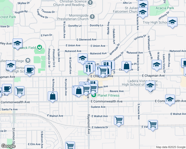 map of restaurants, bars, coffee shops, grocery stores, and more near 1217 East Chapman Avenue in Fullerton