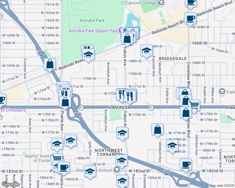 map of restaurants, bars, coffee shops, grocery stores, and more near 3617 West 172nd Street in Torrance