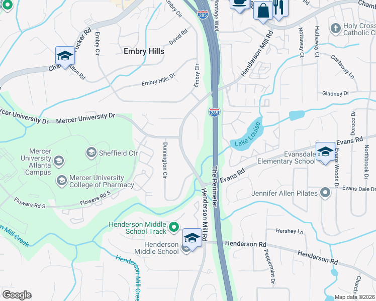 map of restaurants, bars, coffee shops, grocery stores, and more near 3027 Henderson Mill Road in Chamblee